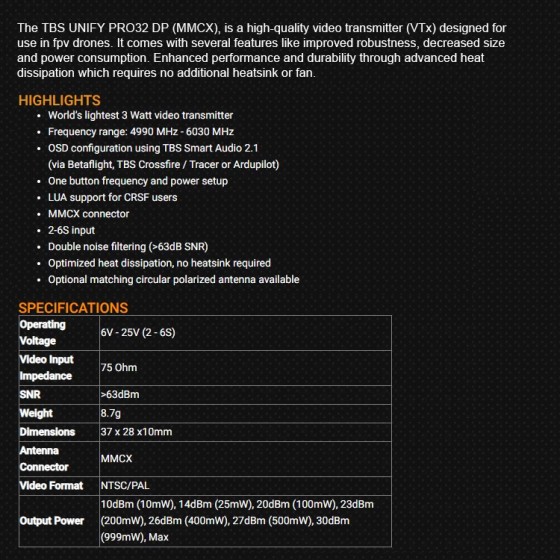 TBS Unify Pro32 DP 3 Watt Video 2-6S Drone VTX 4990 MHz 6030 MHz